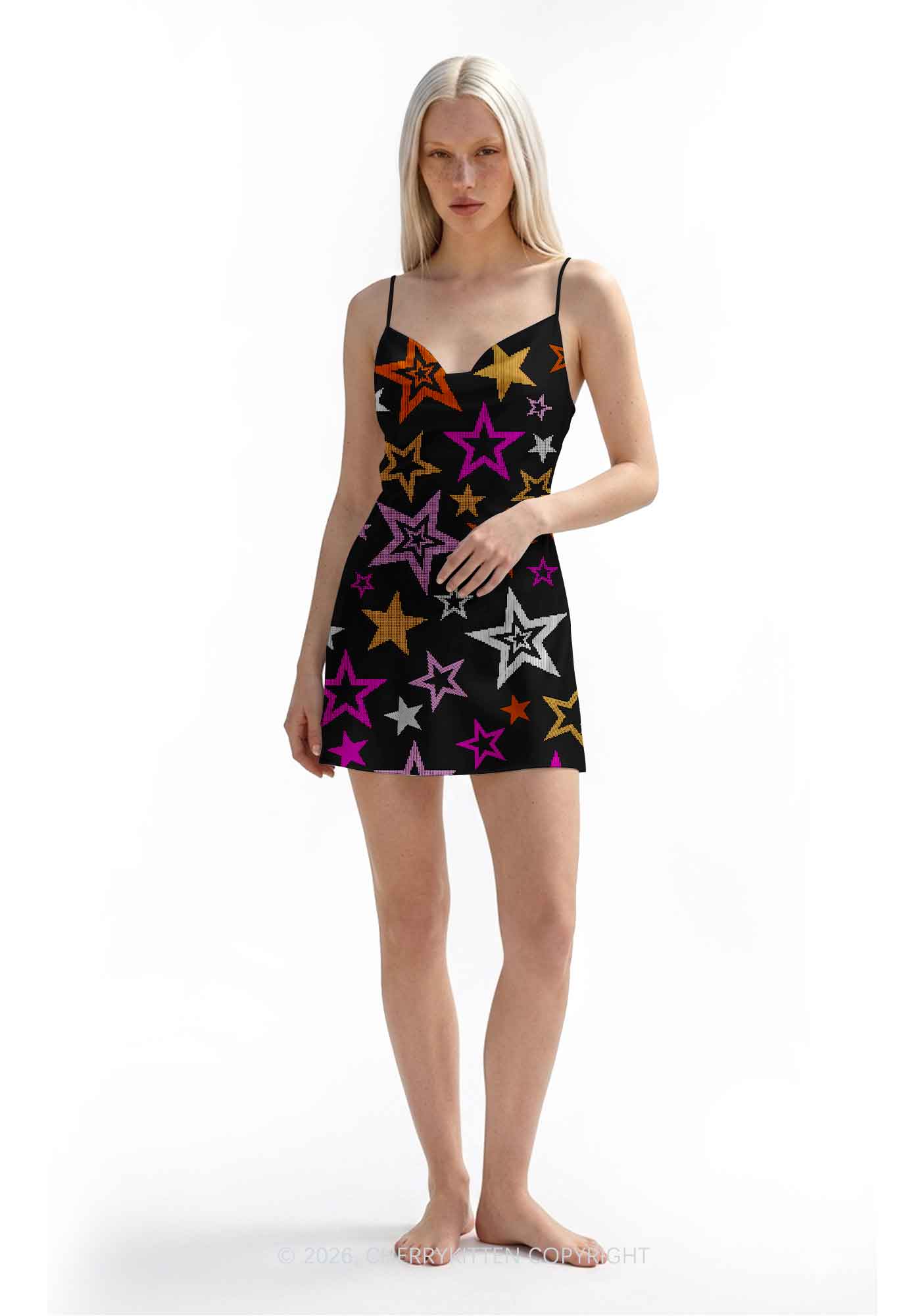 Lesbian Star Pride Y2K Print Satin Cowl Neck Slip Dress Cherrykitten