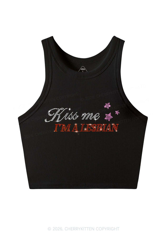 Rhinestone Kiss Me Im A Lesbian Pride Y2K Crop Tank Top Cherrykitten