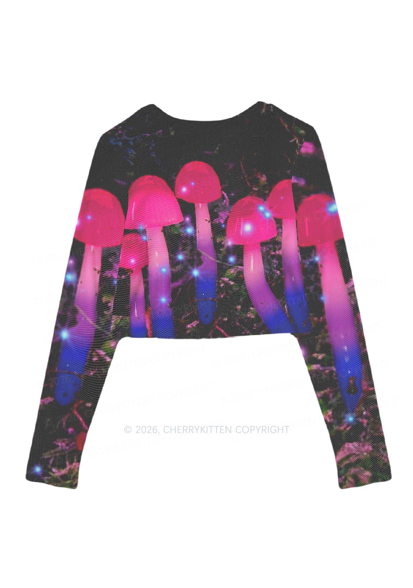 Bisexual Glowing Mushroom Pride Y2K Mesh Long Sleeve Crop Top Cherrykitten