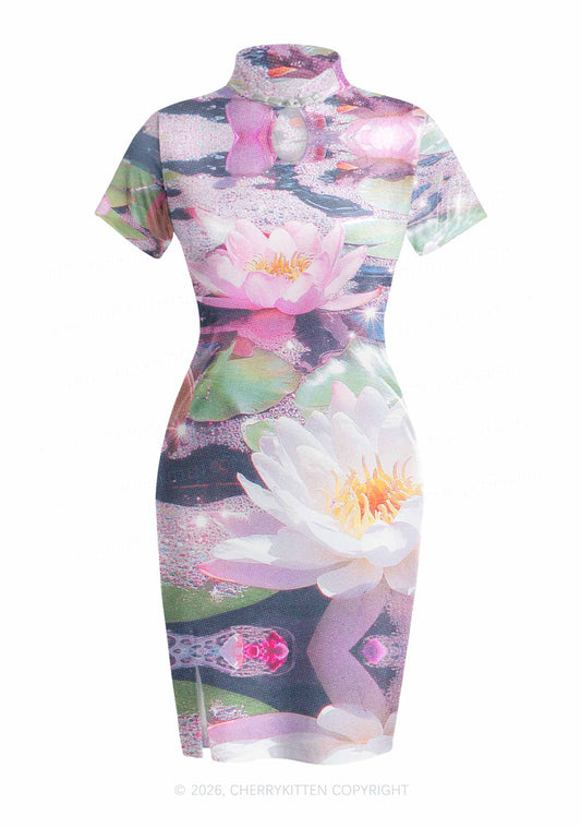 Glitter Lotus Y2K Cheongsam Mini Dress Cherrykitten