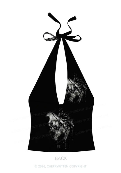 Halloween Monster Hand Bleeding Heart Y2K Print Halter Deep V Neck Cami Cherrykitten