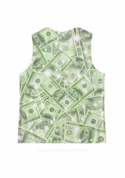 Green Shiny Money Y2K Mesh Muscle Tank Cherrykitten