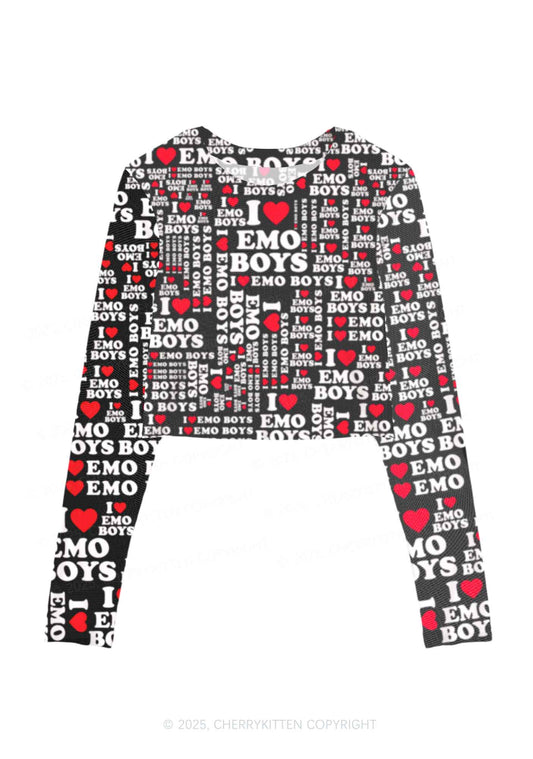 I Love Emo Boys Y2K Mesh Long Sleeve Crop Top Cherrykitten