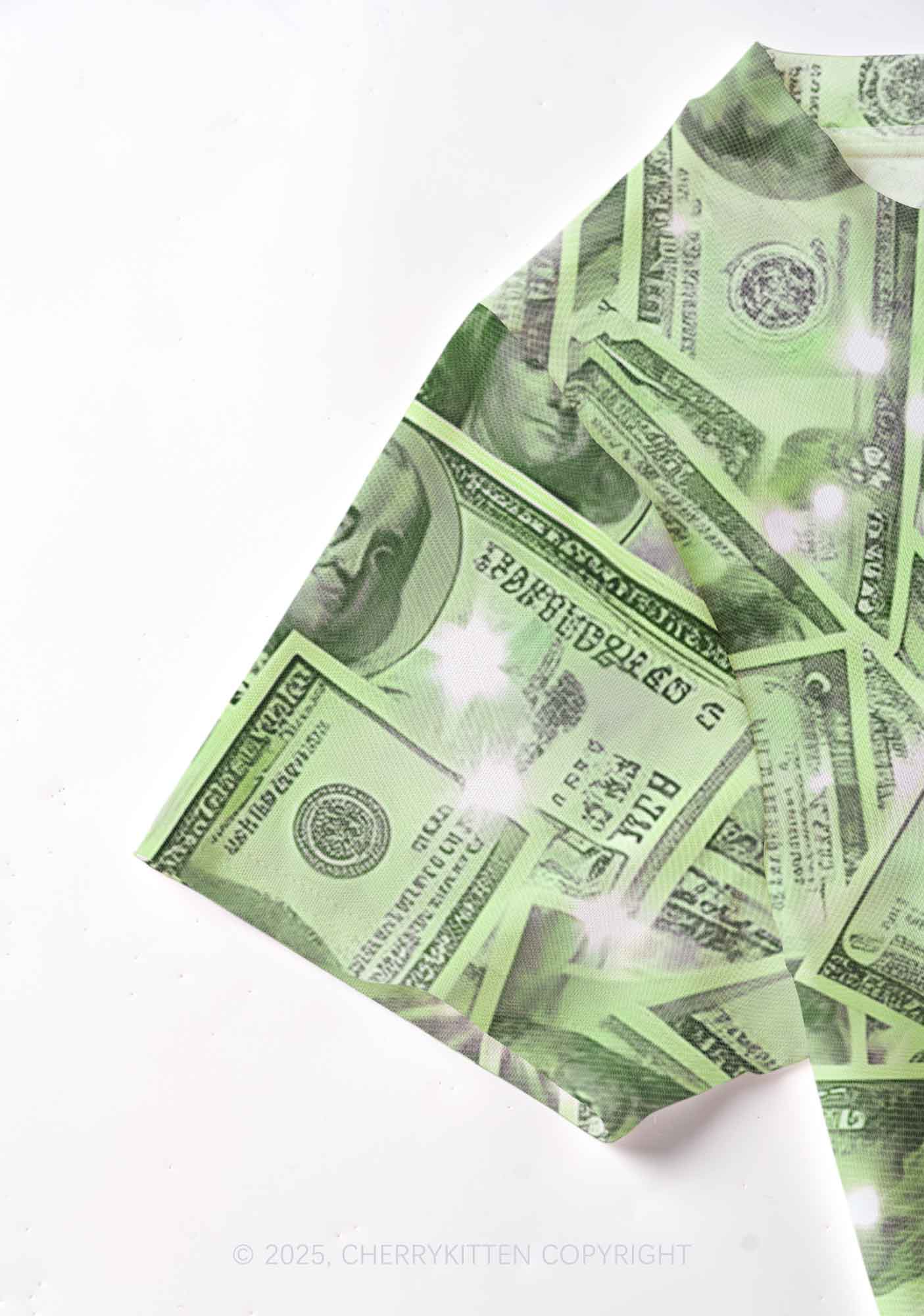 Green Shiny Money Y2K Mesh Crop Top Cherrykitten
