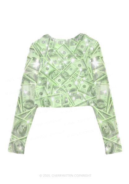 Green Shiny Money Y2K Mesh Long Sleeve Crop Top Cherrykitten