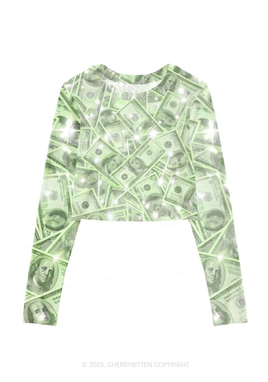Green Shiny Money Y2K Mesh Long Sleeve Crop Top Cherrykitten