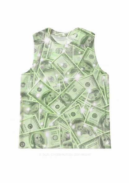 Green Shiny Money Y2K Mesh Muscle Tank Cherrykitten