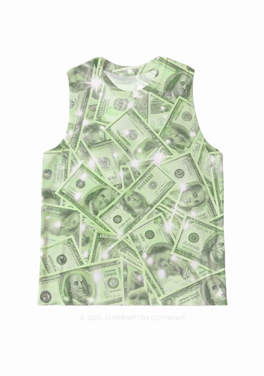 Green Shiny Money Y2K Mesh Muscle Tank Cherrykitten