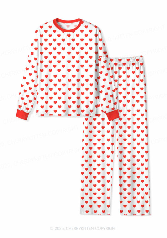 Red Heart On White Valentine's Day Y2K Print Long Sleeve Pajama Set Cherrykitten