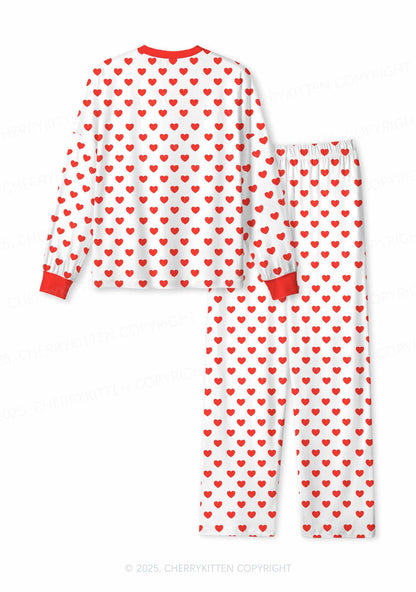 Red Heart On White Valentine's Day Y2K Print Long Sleeve Pajama Set Cherrykitten