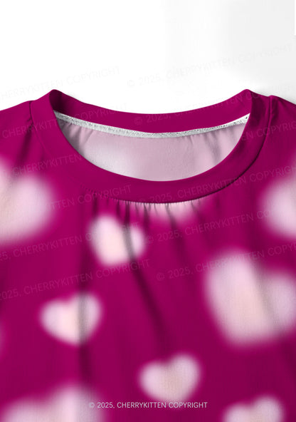 Pink Blurred Heart Valentine's Day Y2K Print Long Sleeve Pajama Set Cherrykitten