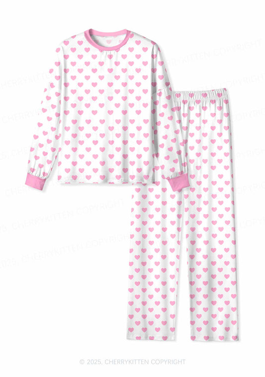 Pink Heart On White Valentine's Day Y2K Print Long Sleeve Pajama Set Cherrykitten