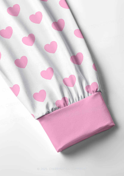 Pink Heart On White Valentine's Day Y2K Print Long Sleeve Pajama Set Cherrykitten