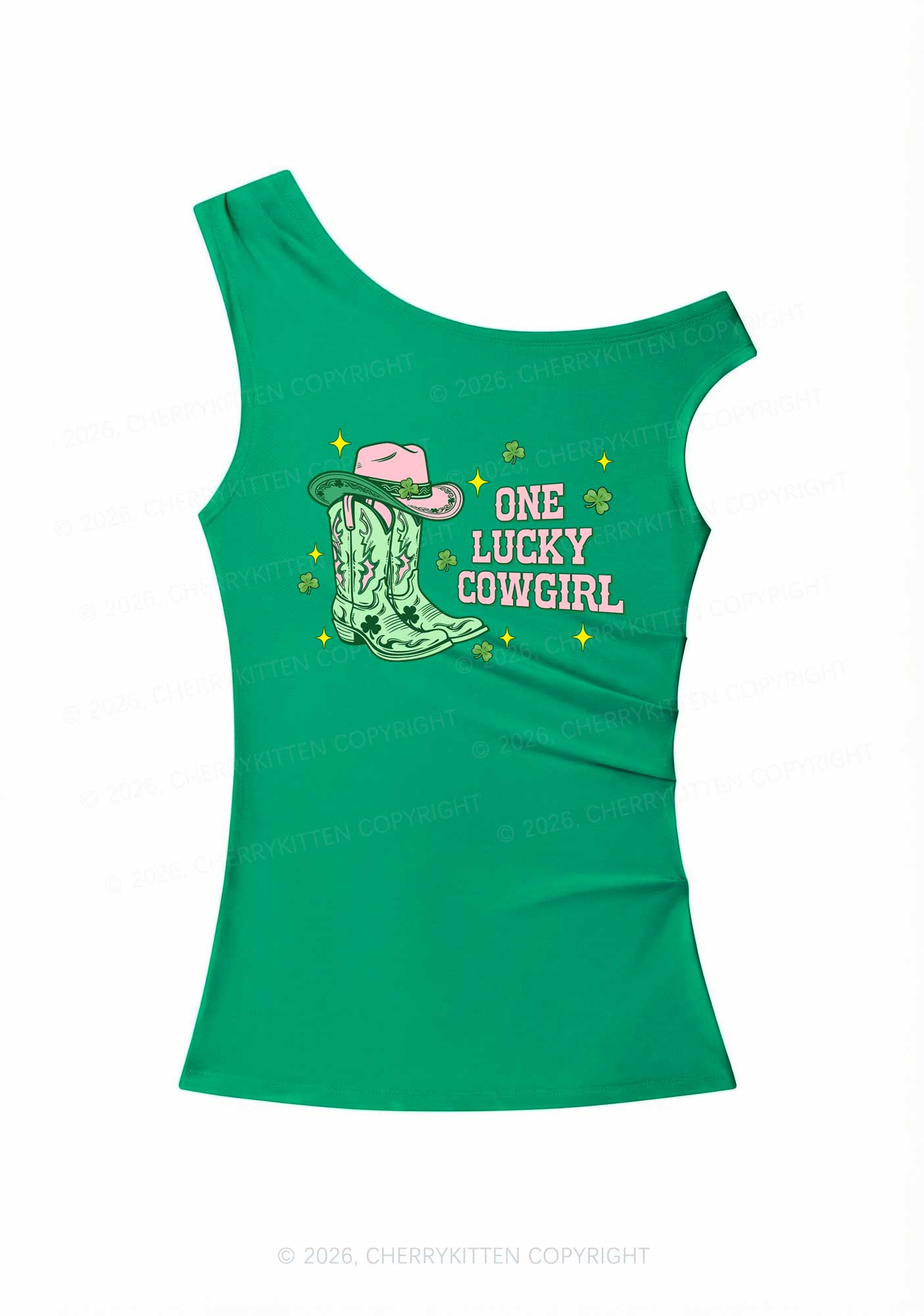 One Lucky Cowgirl Boots St Patricks Y2K Off Shoulder Tank Top Cherrykitten