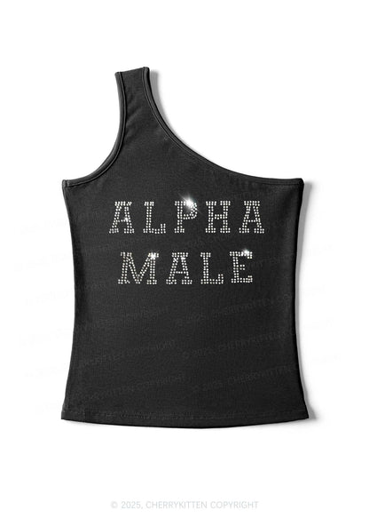 Rhinestone Alpha Male Y2K One Shoulder Tank Top Cherrykitten