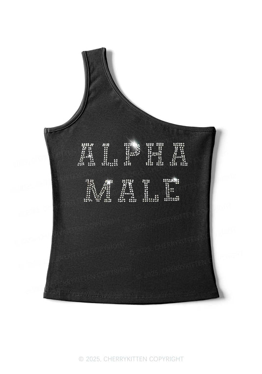 Rhinestone Alpha Male Y2K One Shoulder Tank Top Cherrykitten