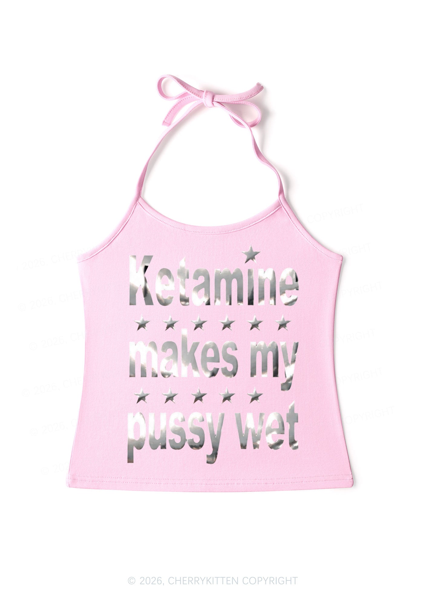 K Makes My Puxxy Wet Silver Foil Printed Y2K Halter Neck Cami Cherrykitten