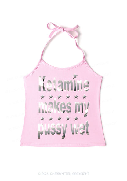 K Makes My Puxxy Wet Silver Foil Printed Y2K Halter Neck Cami Cherrykitten