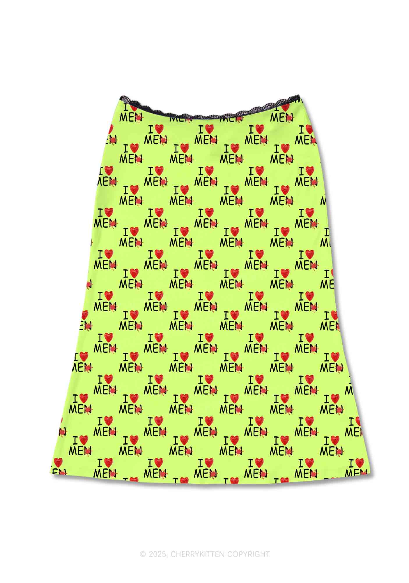 Love Me Not Men Green Valentine's Day Y2K Print Midi Skirt Cherrykitten
