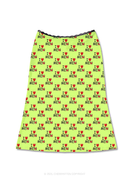 Love Me Not Men Green Valentine's Day Y2K Print Midi Skirt Cherrykitten