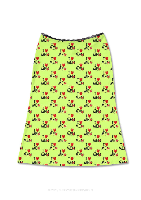 Love Me Not Men Green Valentine's Day Y2K Print Midi Skirt Cherrykitten