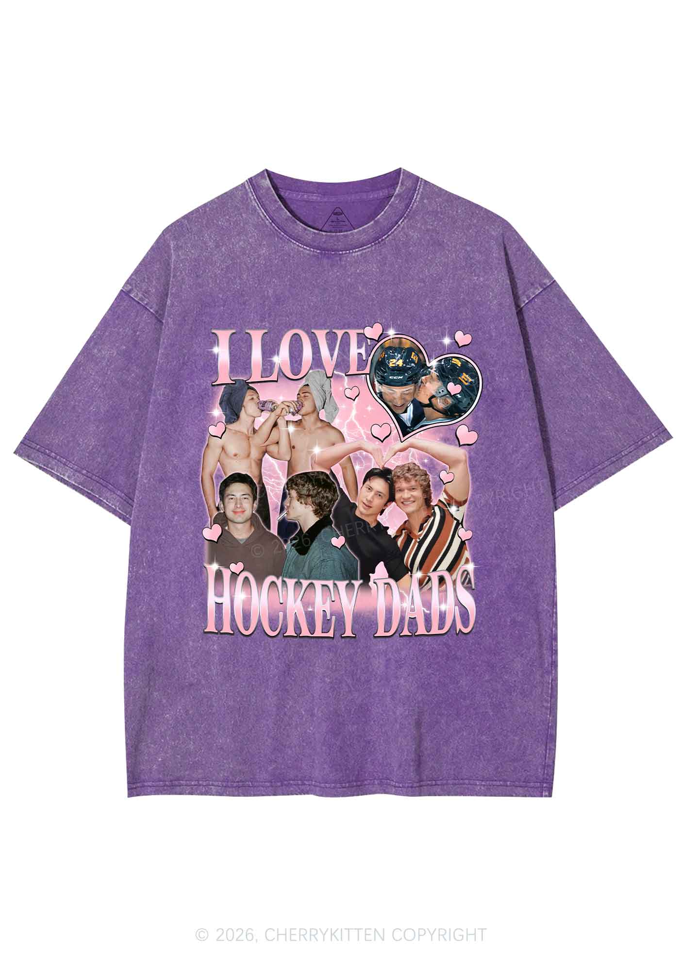Pink Heart I Love Hockey Dads HR Y2K Shirts Washed Tee Cherrykitten