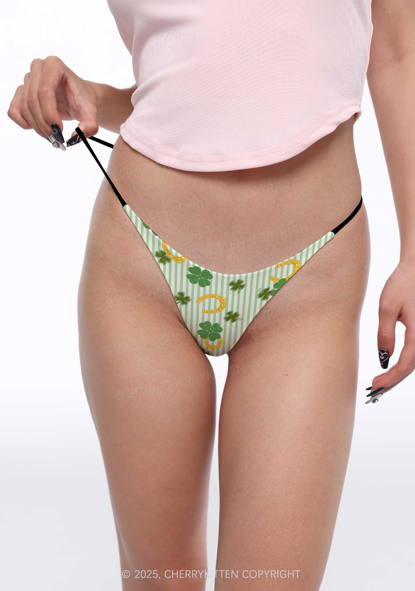Green Stripe Clover Horseshoe St Patricks Y2K Print Bikini String Thong Cherrykitten