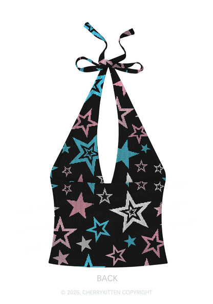 Trans Star Pride Y2K Print Halter Deep V Neck Cami Cherrykitten