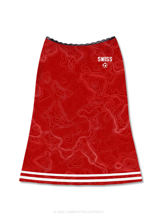 Red Topographic Line Y2K Print Midi Skirt Cherrykitten