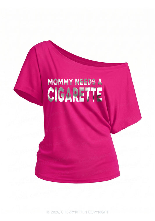 Mommy Needs A Cigarette Silver Foil Printed Y2K Off Shoulder Tee Cherrykitten