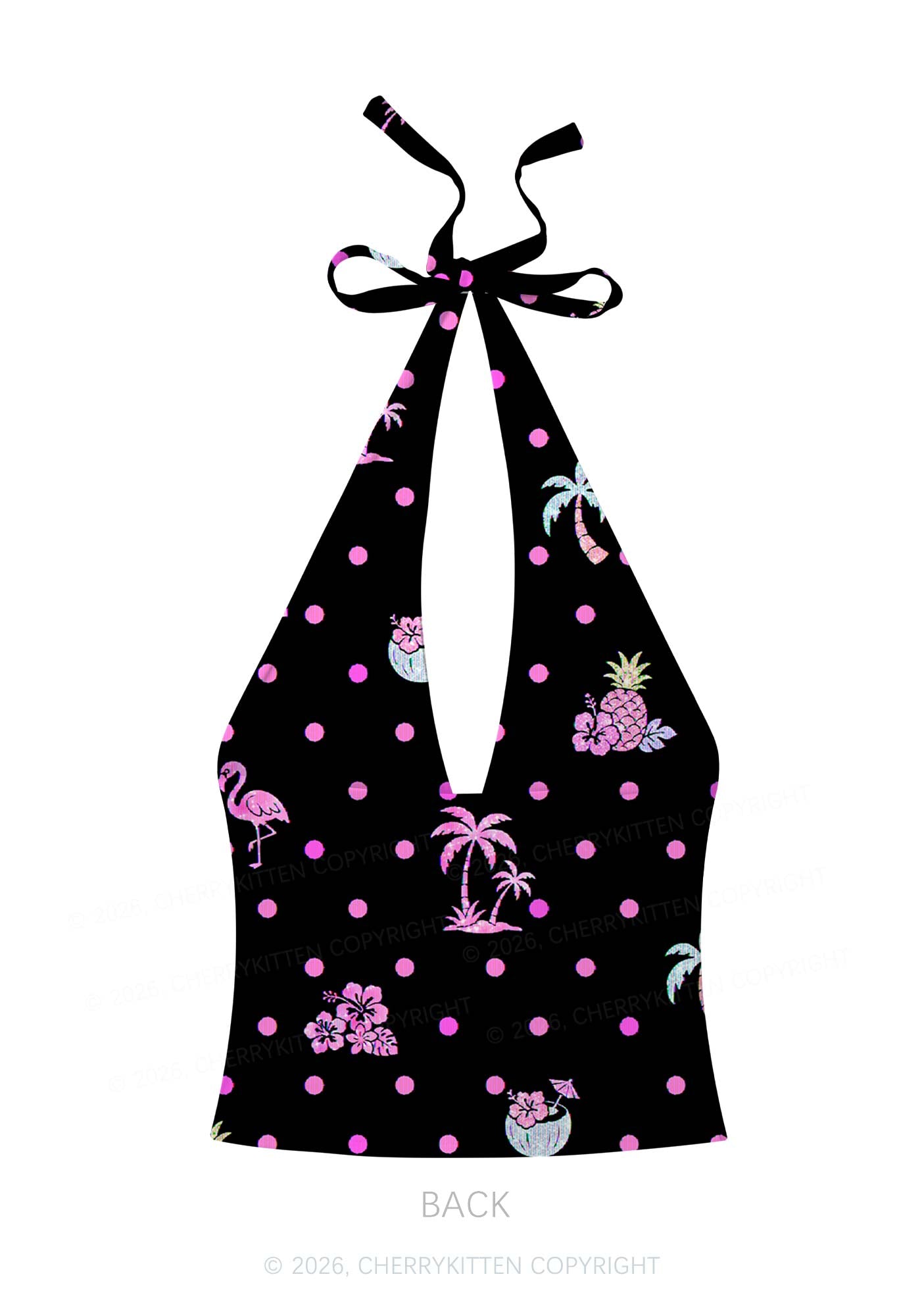 Pink Dots Palm Tree Y2K Print Halter Deep V Neck Cami Cherrykitten