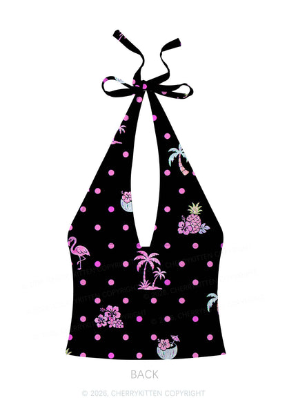 Pink Dots Palm Tree Y2K Print Halter Deep V Neck Cami Cherrykitten
