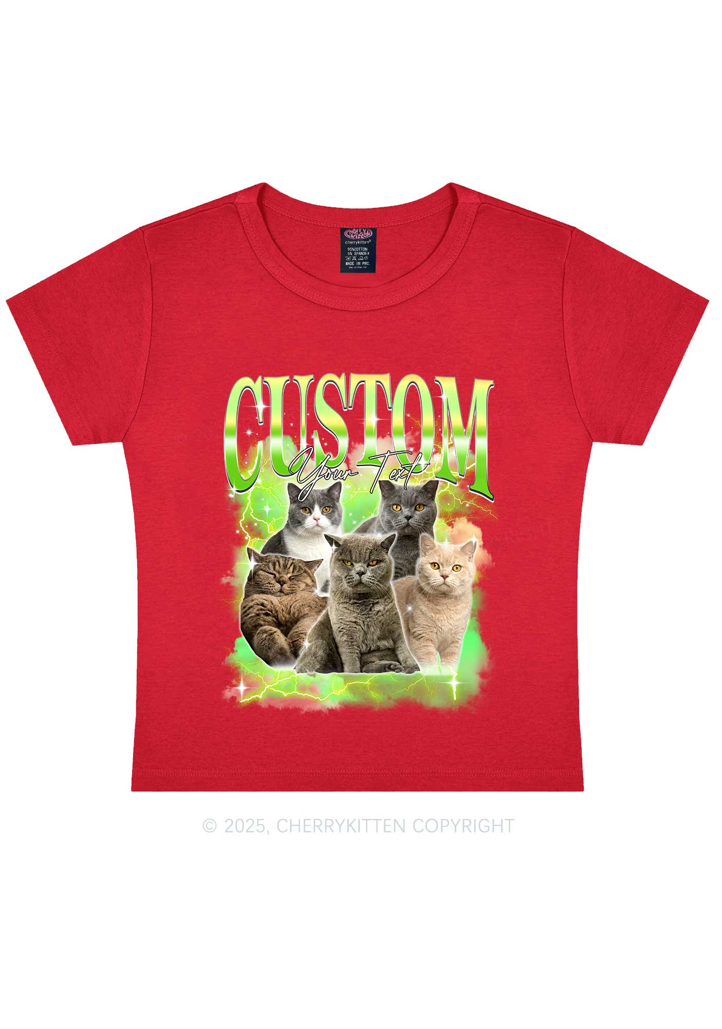 Custom Neon Lightning Cat Photo Y2K Baby Tee Cherrykitten