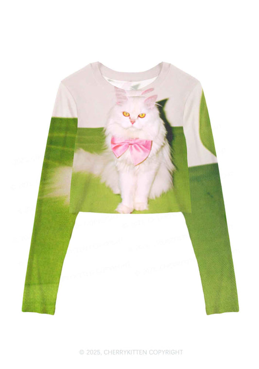 Pink Bow Cat Y2K Mesh Long Sleeve Crop Top Cherrykitten