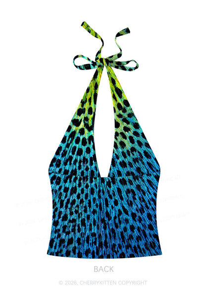 Peacock Feather Texture Y2K Print Halter Deep V Neck Cami Cherrykitten