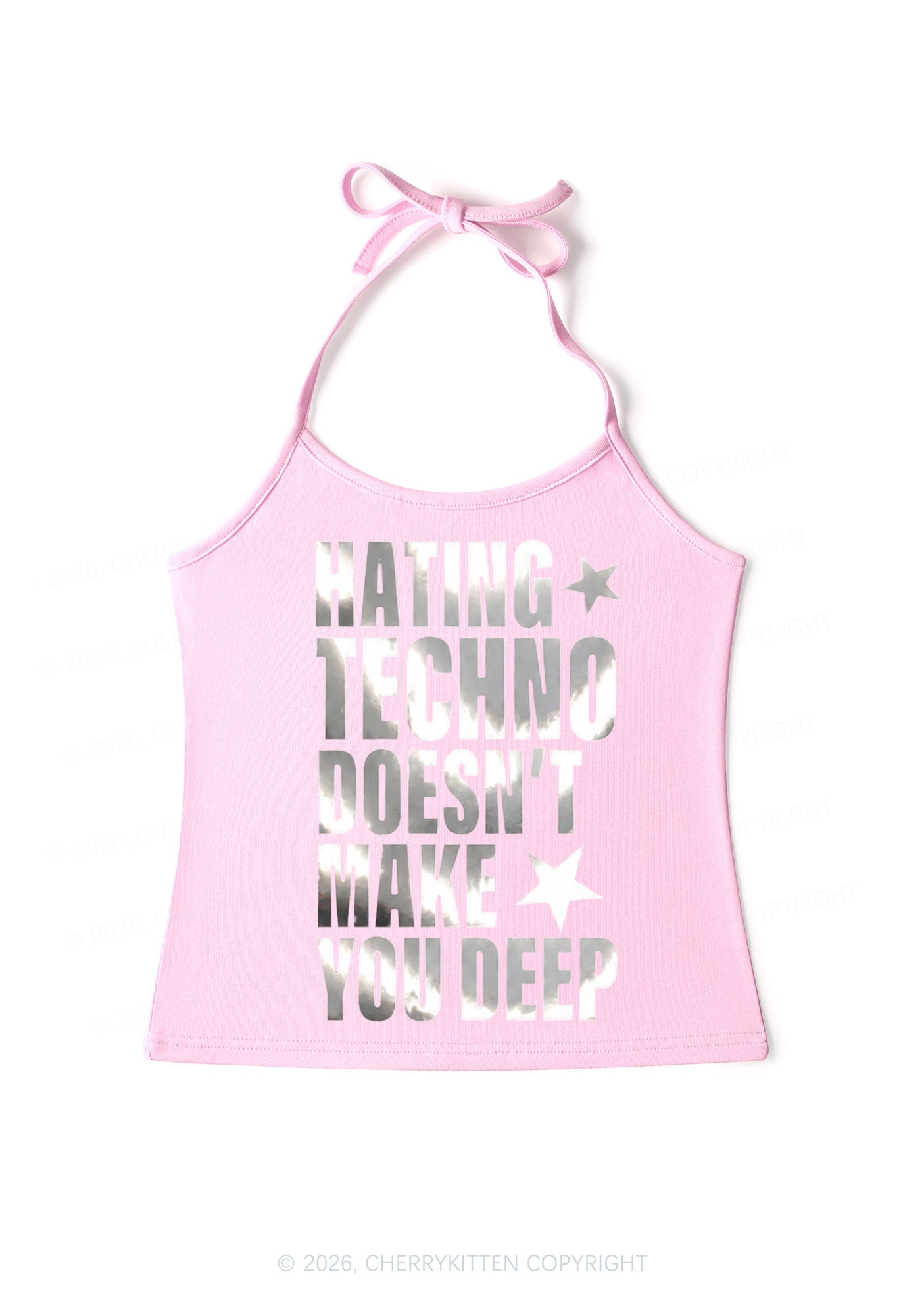 Hating Techno Silver Foil Printed Y2K Halter Neck Cami Cherrykitten