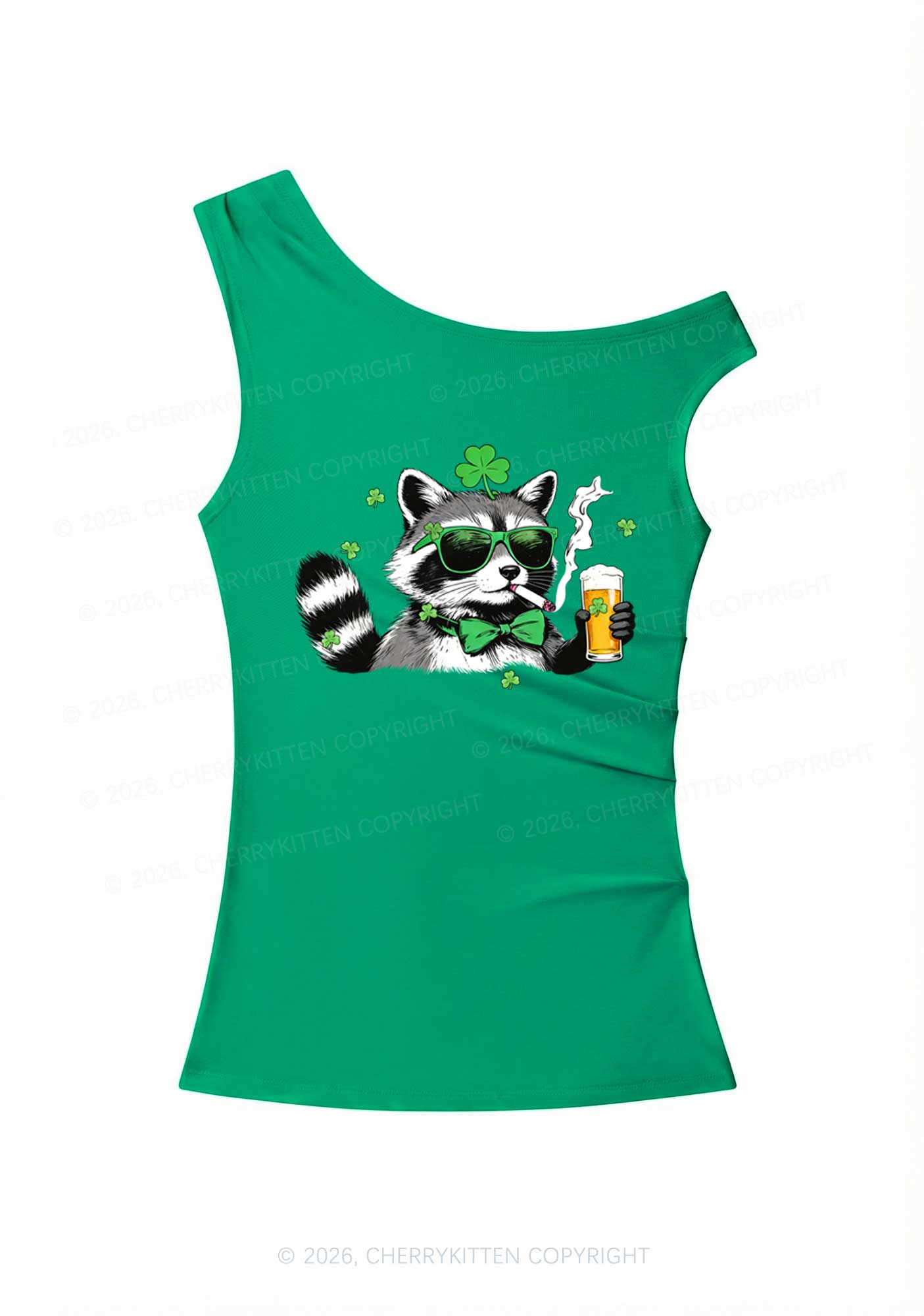 Shamrock Smoke Raccoon St Patricks Y2K Off Shoulder Tank Top Cherrykitten