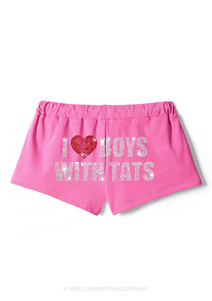 Rhinestone I Love Boys With Tats Y2K Drawstring Mini Shorts Cherrykitten