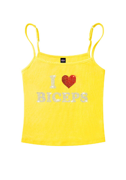 Rhinestone I Love Biceps Y2K Spaghetti Strap Cami Cherrykitten