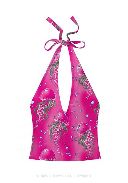 Hot Pink Jellyfish Bubble Y2K Print Halter Deep V Neck Cami Cherrykitten