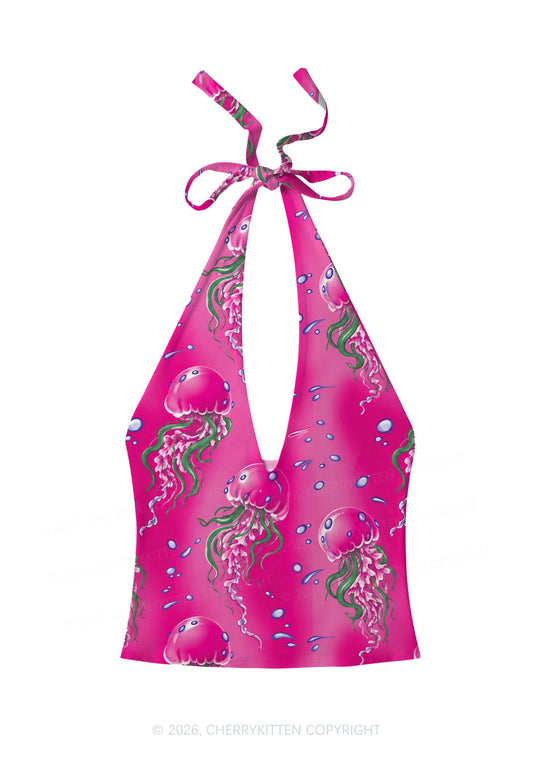 Hot Pink Jellyfish Bubble Y2K Print Halter Deep V Neck Cami Cherrykitten