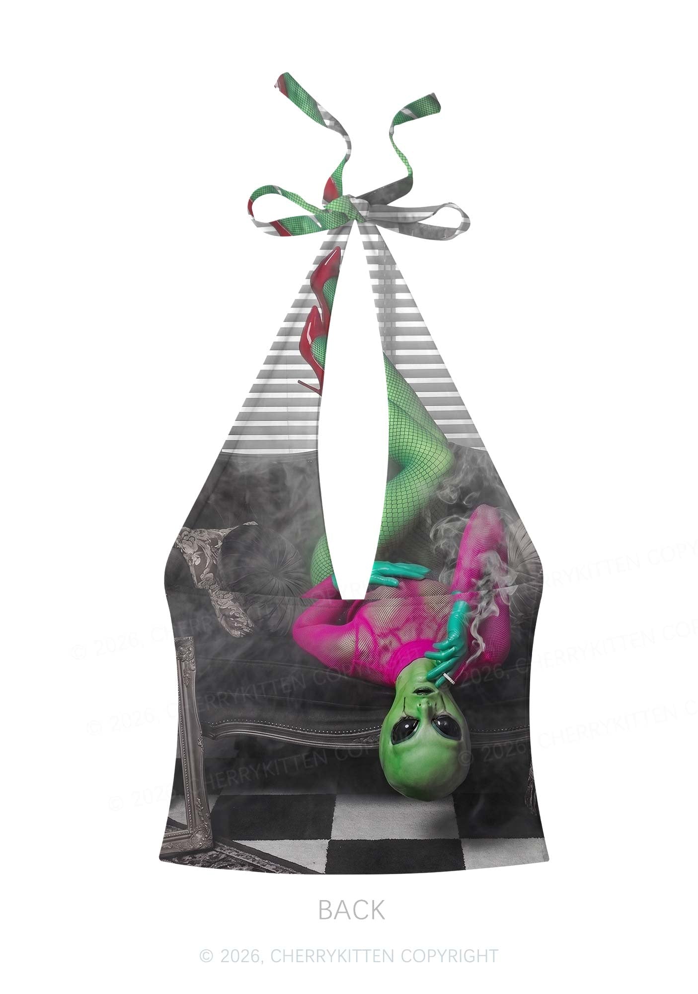 Smoking Alien Y2K Print Halter Deep V Neck Cami Cherrykitten
