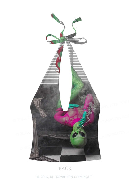 Smoking Alien Y2K Print Halter Deep V Neck Cami Cherrykitten