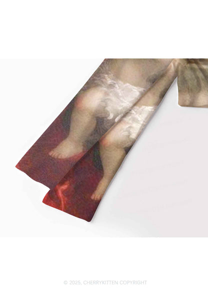 The Cat King And Angels Y2K Mesh Long Sleeve Crop Top Cherrykitten