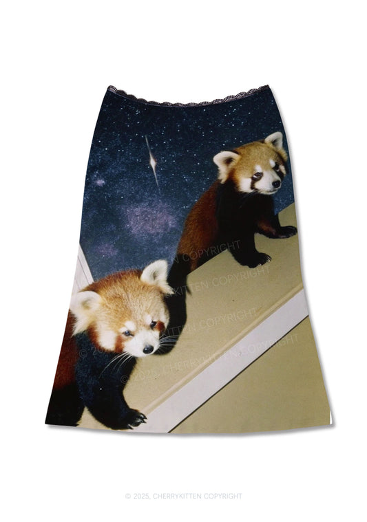 Raccoon Friends Y2K Print Midi Skirt Cherrykitten