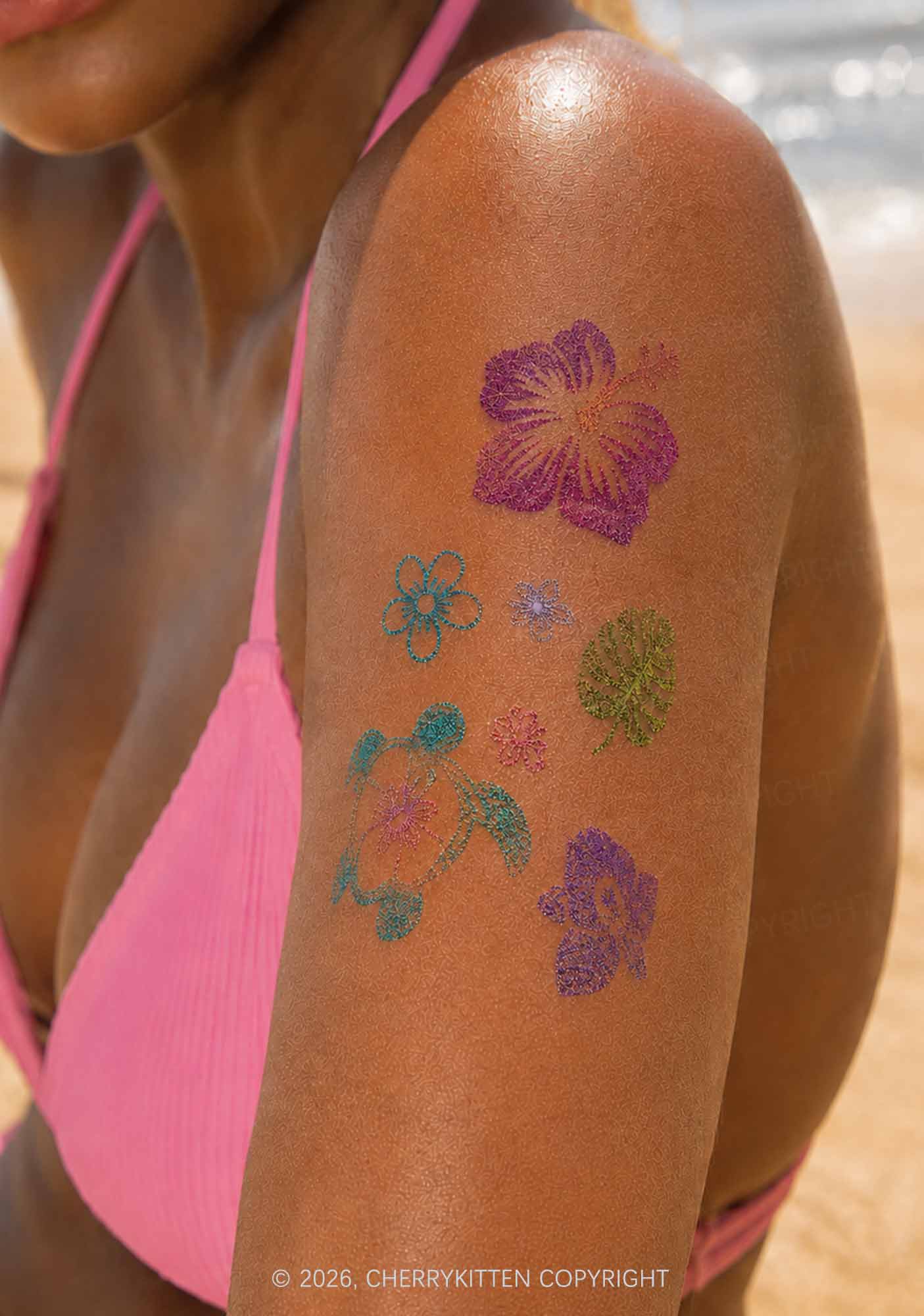 30pcs Hawaiian Hibiscus Flower Marine Animal Y2K Temporary Tattoo Cherrykitten