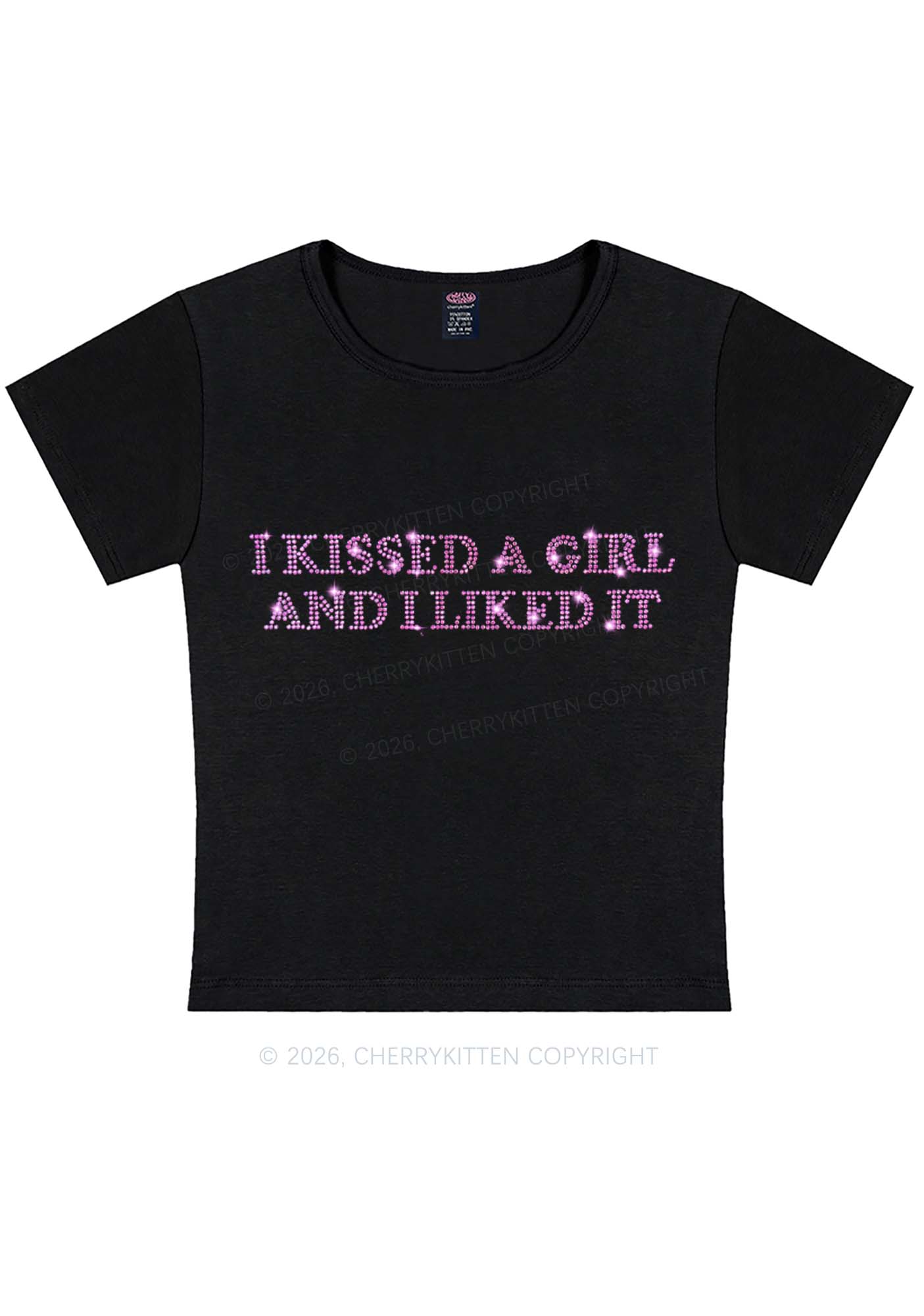 Rhinestone I Kissed A Girl Pride Y2K Baby Tee Cherrykitten