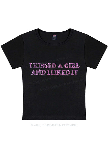 Rhinestone I Kissed A Girl Pride Y2K Baby Tee Cherrykitten