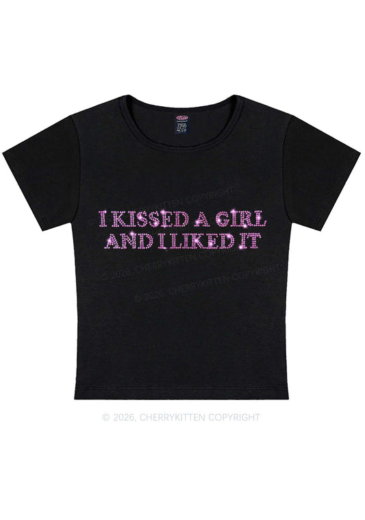 Rhinestone I Kissed A Girl Pride Y2K Baby Tee Cherrykitten