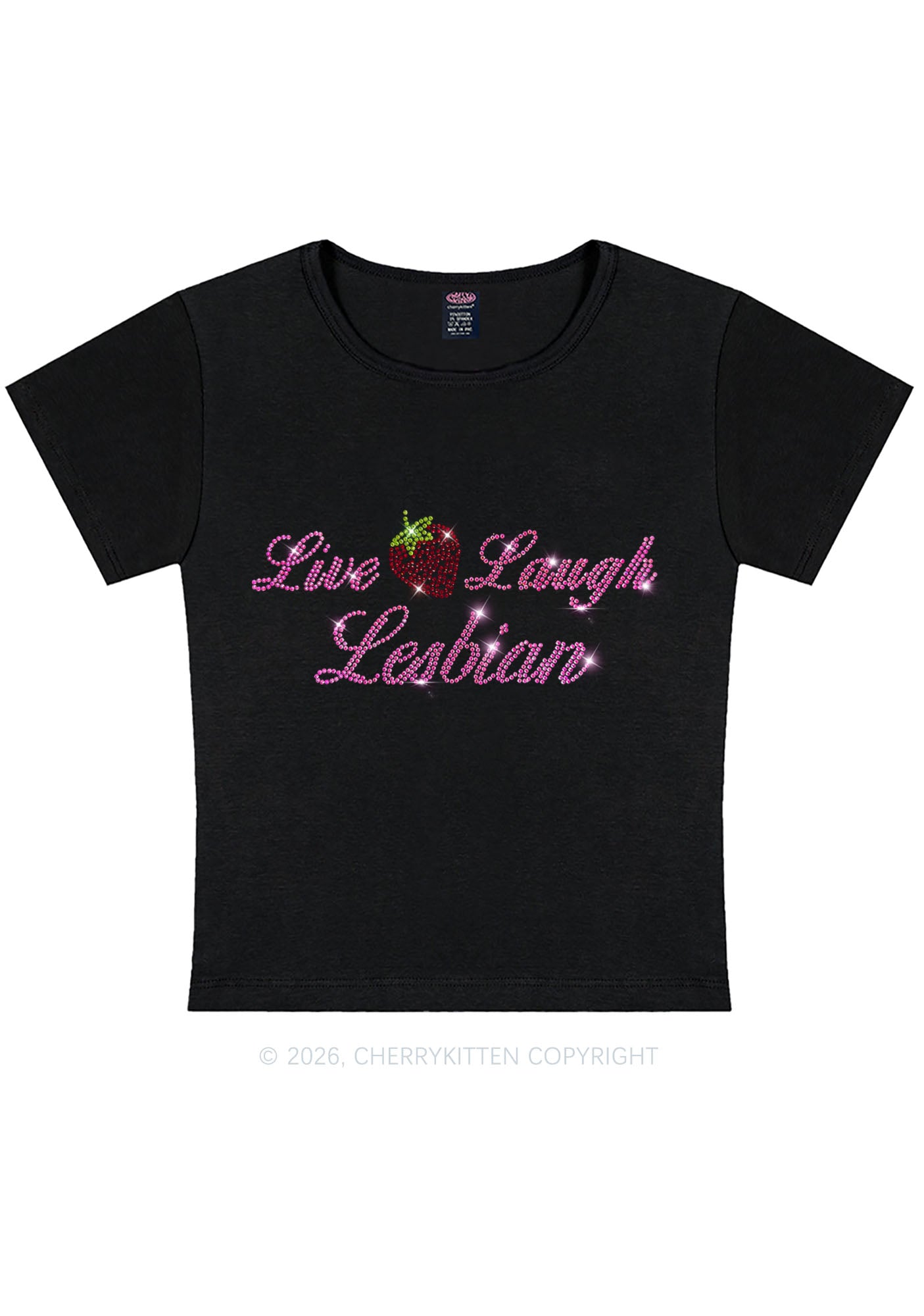 Rhinestone Live Laugh Lesbian Strawberry Pride Y2K Baby Tee Cherrykitten
